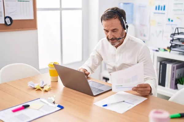 Middle Age Man Call Center Agent Reading Document Working Office — Photo