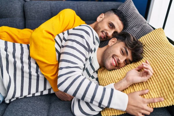 Two Man Couple Hugging Each Other Lying Sofa Home —  Fotos de Stock