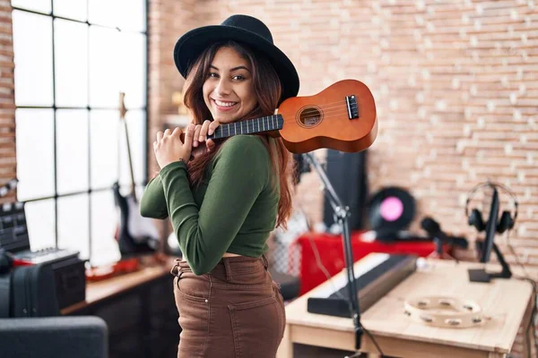 Young Hispanic Woman Musician Holding Ukelele Music Studio — Stock Photo, Image