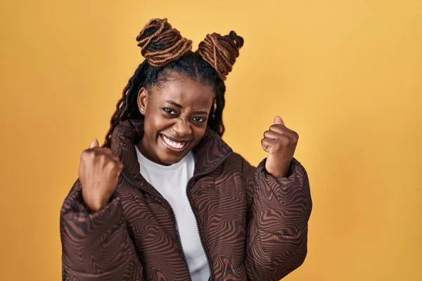African Woman Braided Hair Standing Yellow Background Very Happy Excited — ストック写真