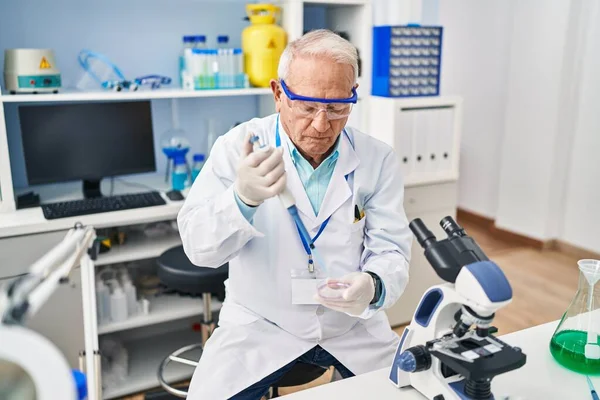 Senior Man Wearing Scientist Uniform Using Pipette Working Laboratory — Stock Photo, Image