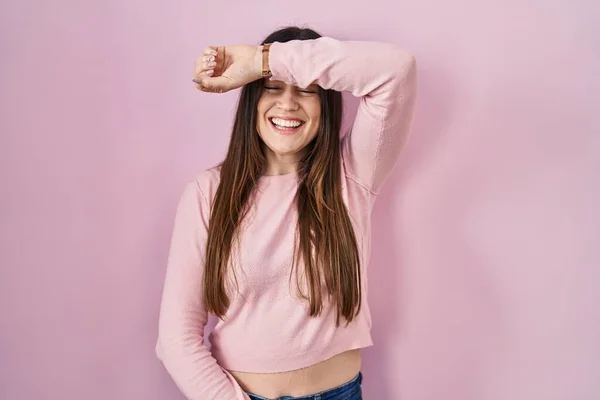 Young Brunette Woman Standing Pink Background Covering Eyes Arm Smiling — 图库照片