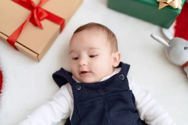 Adorable Toddler Lying Sofa Gifts Home — Stock Photo, Image