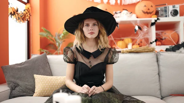 Young Blonde Woman Wearing Halloween Costume Sitting Sofa Home — Stok fotoğraf