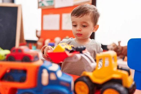 Adorable Hispanic Boy Playing Truck Toy Kindergarten — Stok fotoğraf