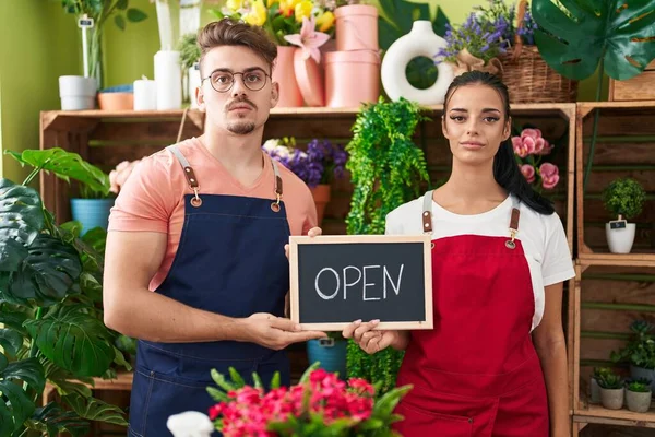 Young Hispanic Man Woman Working Florist Holding Open Sign Relaxed — Stock Photo, Image