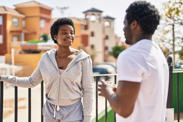 African American Man Woman Couple Speaking Together Street — Stock Photo, Image