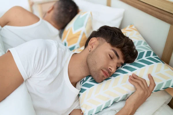 Two Hispanic Men Couple Lying Bed Sleeping Bedroom — Stock fotografie