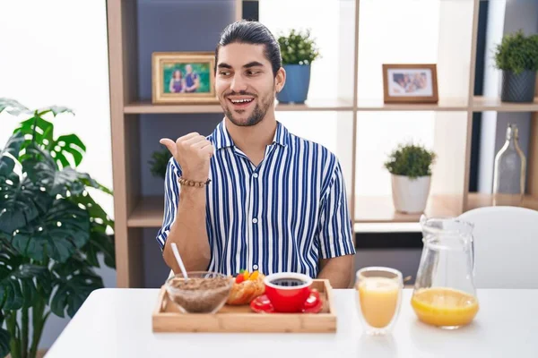 Hispanic Man Long Hair Sitting Table Having Breakfast Smiling Happy — Stock Photo, Image