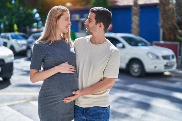 Man Woman Couple Standing Together Touching Belly Street — Stock Photo, Image