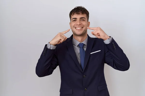 Young Hispanic Business Man Wearing Suit Tie Smiling Cheerful Showing — Stock Photo, Image