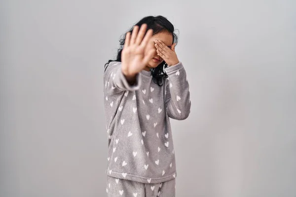 Young Asian Woman Wearing Pajama Covering Eyes Hands Doing Stop —  Fotos de Stock