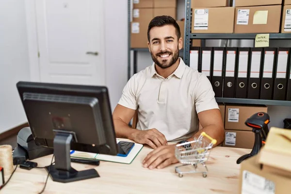 Handsome Hispanic Man Working Small Business Commerce Happy Cool Smile — Foto Stock