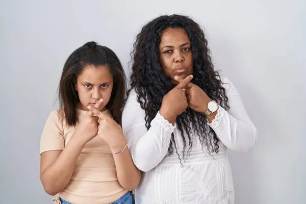 Mother Young Daughter Standing White Background Rejection Expression Crossing Fingers — Stock Photo, Image
