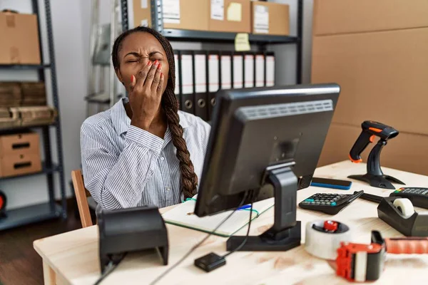 African Woman Working Small Business Ecommerce Bored Yawning Tired Covering — Stok fotoğraf