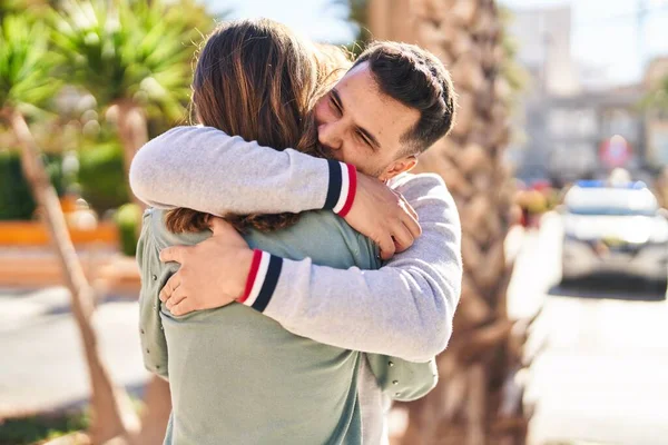 Man Woman Smiling Confident Hugging Each Other Standing Park — Stockfoto