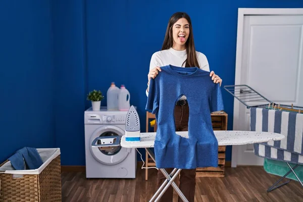 Young Brunette Woman Ironing Holding Burned Iron Shirt Laundry Room — Stock Photo, Image