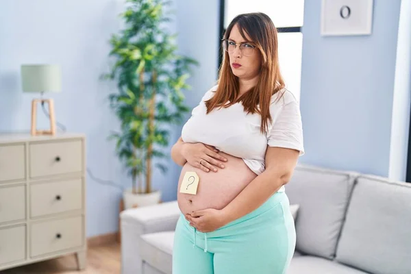 Pregnant Woman Expecting Baby Wondering Sex Skeptic Nervous Frowning Upset — Stock fotografie