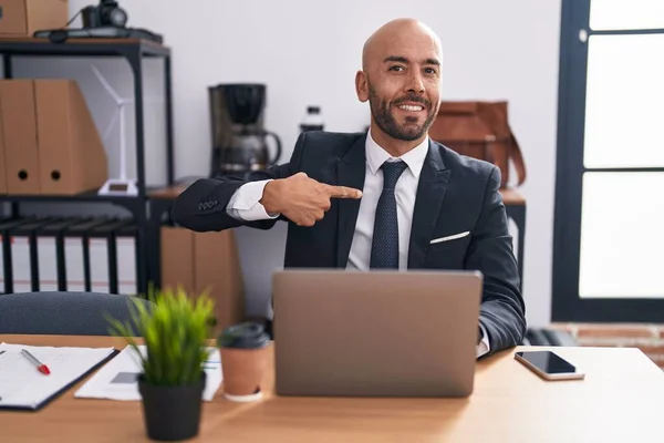 Middle Age Bald Man Working Office Pointing Finger One Self — Stock Photo, Image