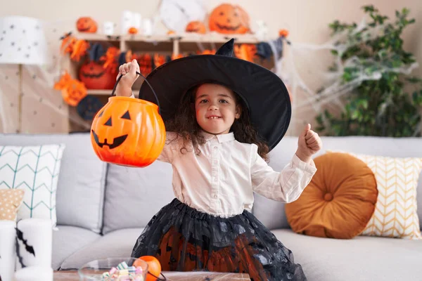 Adorable Hispanic Girl Wearing Halloween Costume Doing Gesture Home — Stok fotoğraf