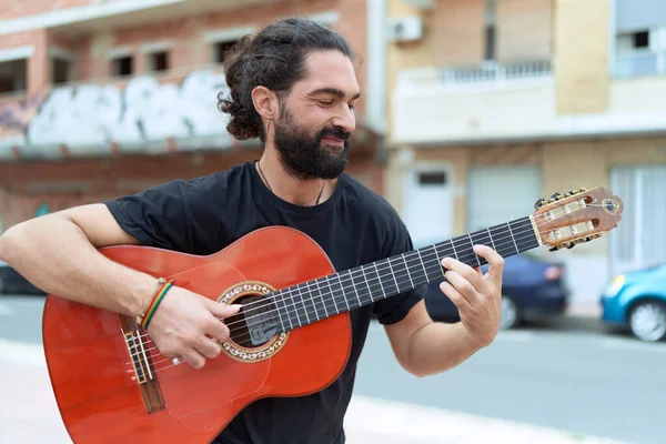 Young Hispanic Man Musician Playing Classical Guitar Street — Fotografia de Stock