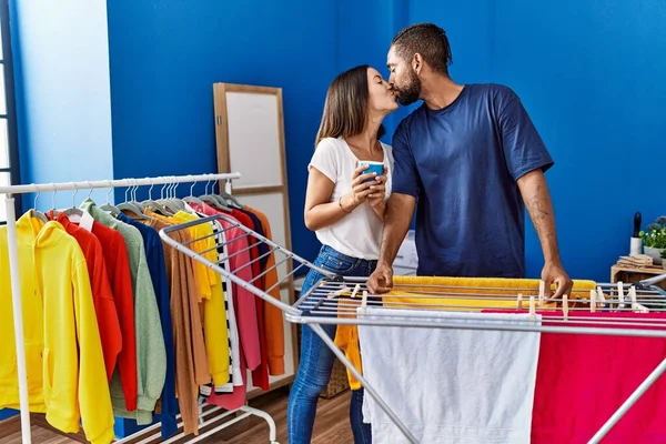 Man Woman Couple Drinking Coffee Hanging Clothes Clothesline Laundry —  Fotos de Stock