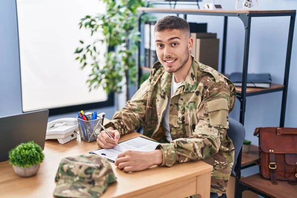 Young Hispanic Man Army Soldier Signing Contract Office — Stock Photo, Image