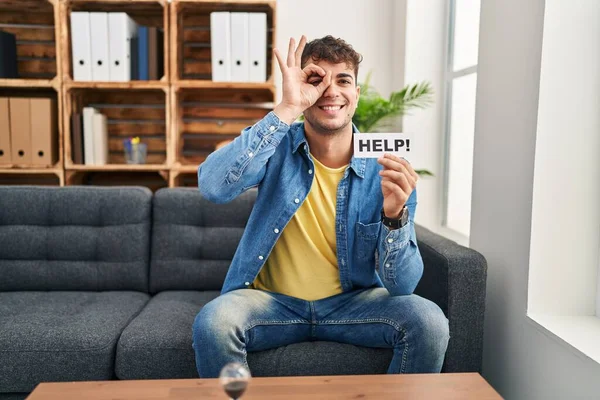 Young Hispanic Man Therapy Asking Help Smiling Happy Doing Sign — Fotografia de Stock