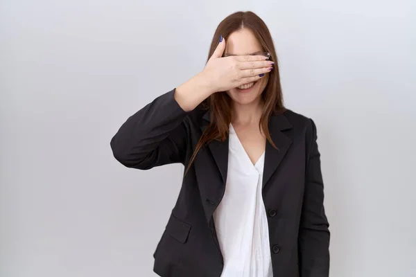 Beautiful Brunette Woman Wearing Business Jacket Glasses Smiling Laughing Hand — 图库照片