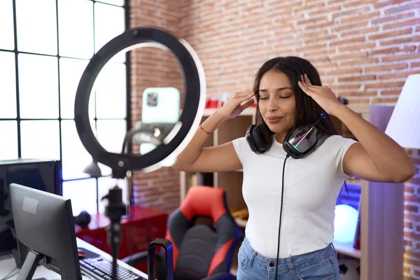 Young Arab Woman Influencer Recording Herself Smartphone Hand Head Headache — Zdjęcie stockowe