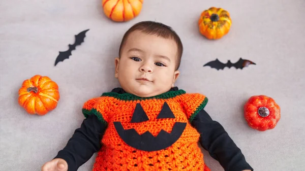 Adorable Hispanic Baby Wearing Halloween Custom Lying Sofa Home — Foto de Stock