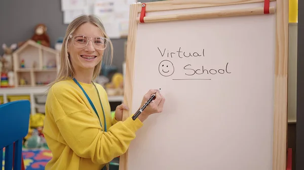 Young Blonde Woman Video Call Working Teacher Kindergarten — ストック写真