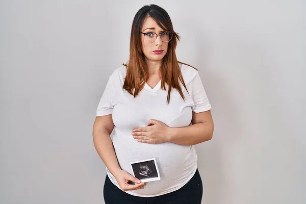 Pregnant Woman Holding Baby Ecography Skeptic Nervous Frowning Upset Because — Stock Photo, Image