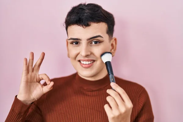 Non Binary Person Applying Make Doing Sign Fingers Smiling Friendly — Stock Photo, Image