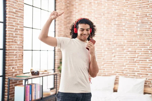 Young Latin Man Dancing Listening Music Standing Bedroom — 图库照片