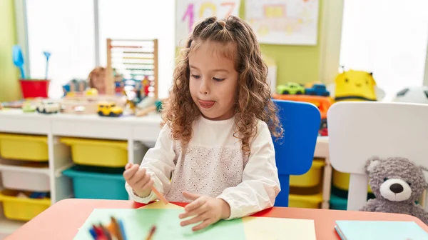 Adorable Blonde Toddler Preschool Student Sitting Table Drawing Paper Kindergarten — Stock Photo, Image
