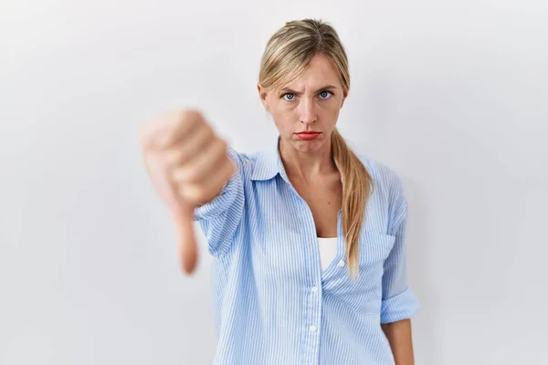 Beautiful Blonde Woman Standing White Background Looking Unhappy Angry Showing — Stockfoto