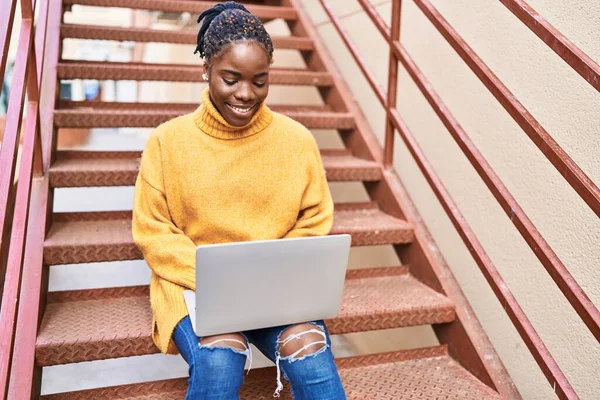 African American Woman Smiling Confident Using Laptop Street — Stok fotoğraf