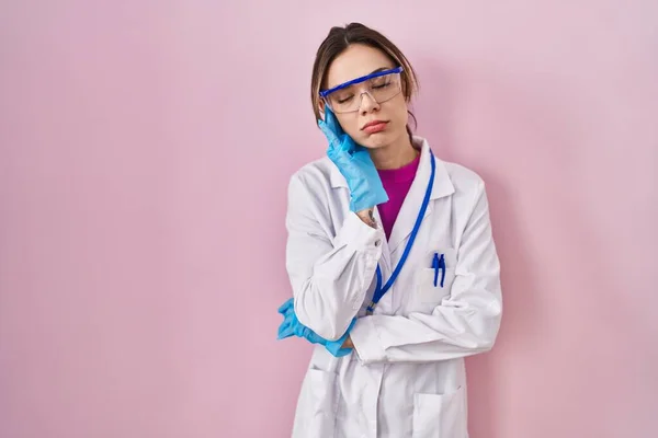Hispanic Woman Wearing Scientist Uniform Thinking Looking Tired Bored Depression —  Fotos de Stock