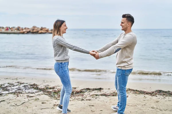 Man Woman Couple Smiling Confident Dancing Seaside — 스톡 사진
