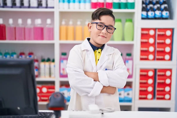 Young Hispanic Kid Working Pharmacy Drugstore Happy Face Smiling Crossed — Stock Photo, Image