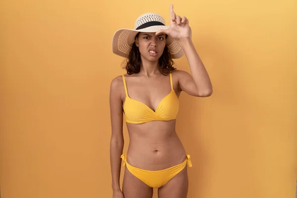 Young Hispanic Woman Wearing Bikini Summer Hat Making Fun People — Stok fotoğraf
