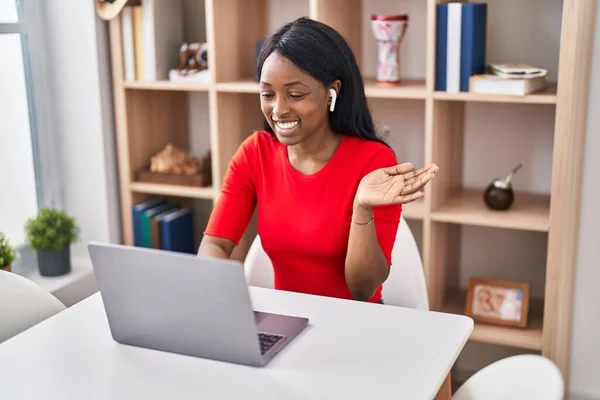 African Young Woman Using Laptop Home Celebrating Achievement Happy Smile — Photo