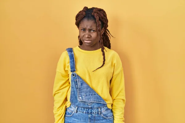 African Woman Standing Yellow Background Skeptic Nervous Frowning Upset Because — Photo