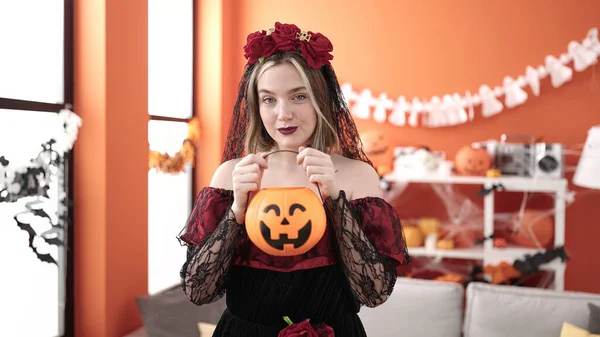 Young Blonde Woman Wearing Katrina Costume Holding Halloween Pumpkin Basket — Fotografia de Stock