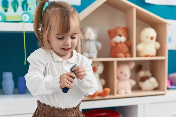 Adorable Blonde Girl Smiling Confident Holding Toy Kindergarten — Stock Photo, Image