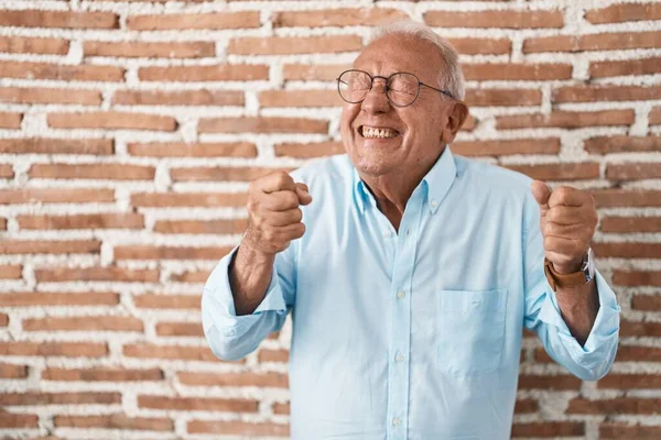 Senior Man Grey Hair Standing Bricks Wall Excited Success Arms — Zdjęcie stockowe