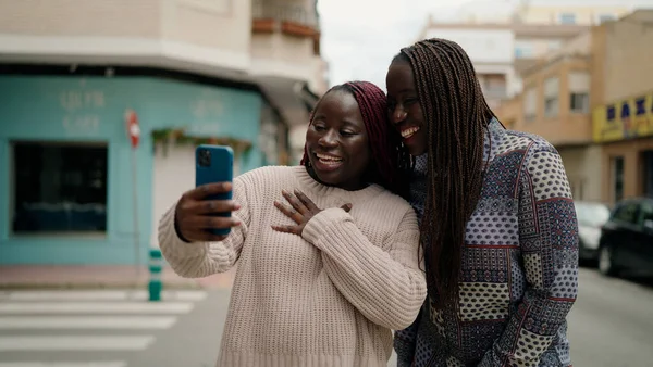 Two African American Friends Smiling Confident Having Video Call Street — ストック写真