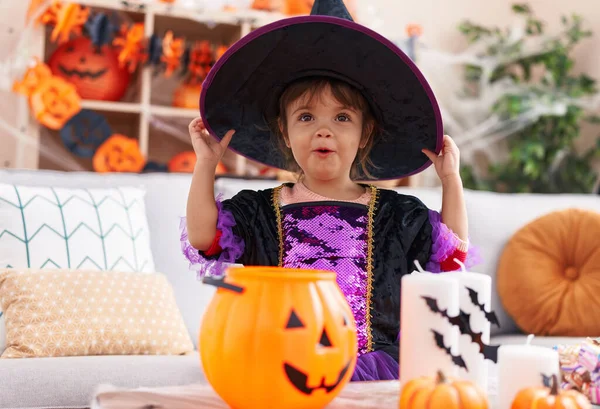 Adorable Hispanic Girl Smiling Confident Wearing Halloween Costume Home — Fotografia de Stock