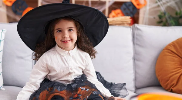 Adorable Hispanic Girl Smiling Confident Wearing Halloween Costume Home — Stok fotoğraf